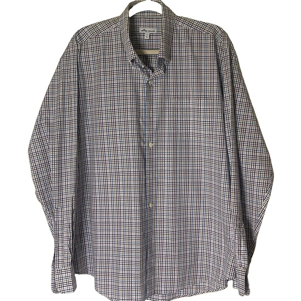 Peter Millar Men XL Check Button Down Shirt LS 100% Cotton‎ Front Pocket Prep